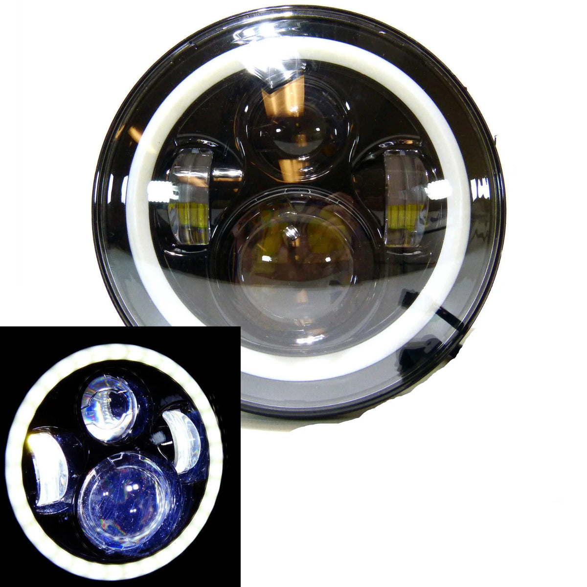 A close-up view of a 7-inch motorcycle LED headlight with angel eyes and daytime running lights.