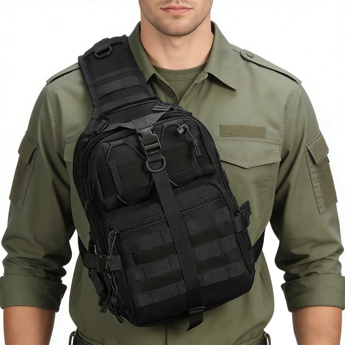 A man wearing a olive green shirt is holding a black Crossbody Chest Bag with multiple zipper compartments and a MOLLE system