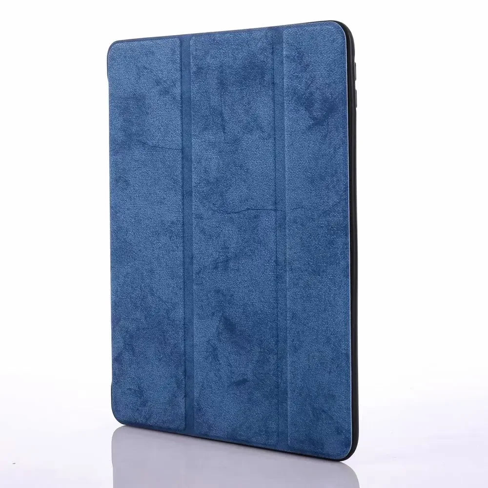 A dark blue velvet case for an iPad Pro 12.9 with a built-in pencil holder.