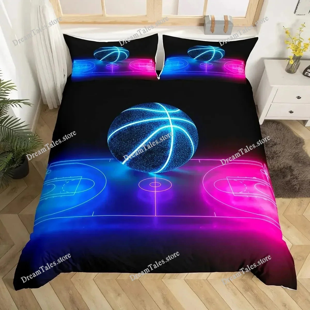 A black duvet cover set featuring a motivational pattern with glowing blue and pink basketball graphics.