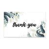 A watercolor design featuring green eucalyptus and olive leaves with gold accents, centered around the text thank you.
