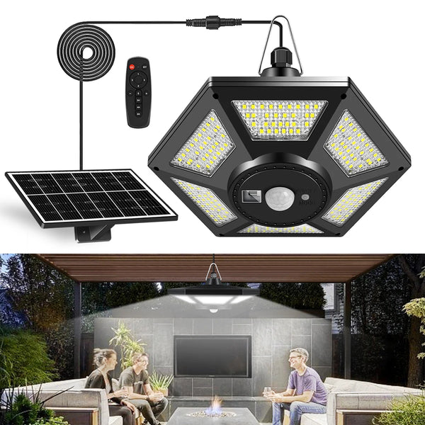 A solar-powered pendant light fixture with a motion sensor and remote control is shown above a modern outdoor living area.