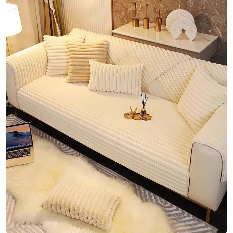 A cream colored plush sofa cushion mat with vertical ribbed texture resting on a light rug.