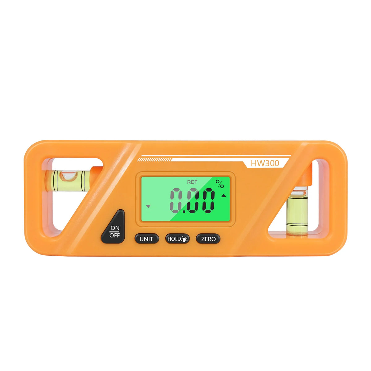 Orange digital magnetic inclinometer with backlit LCD display showing 0.00 degrees.