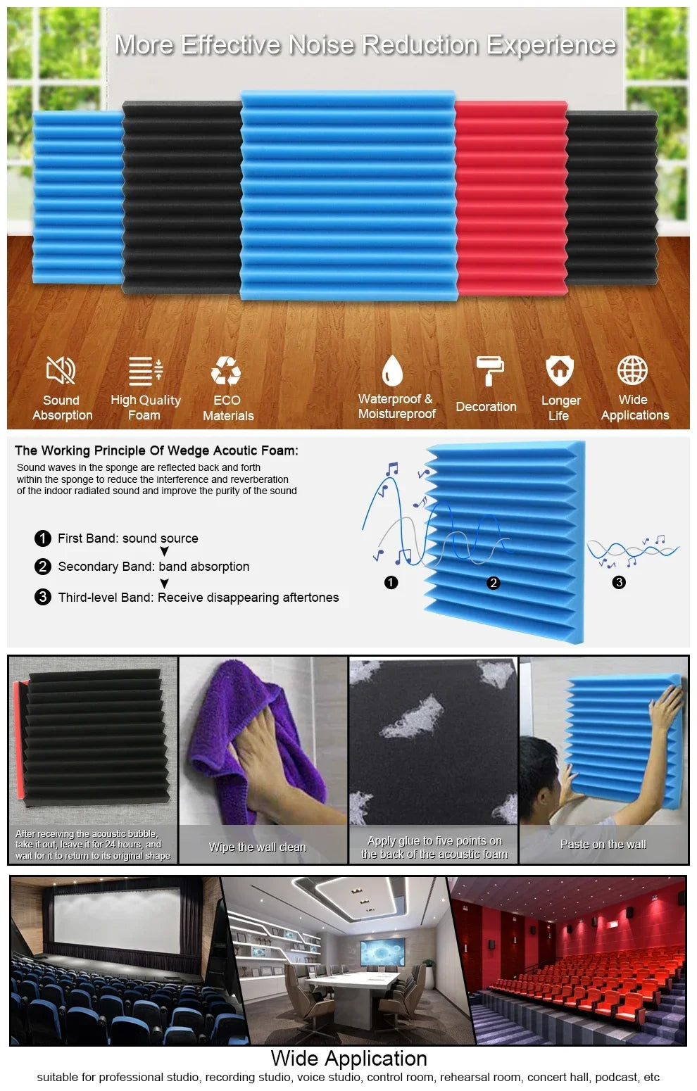 Acoustic Foam Wedge Panels for Soundproofing & Studio Treatment (48-Pack)