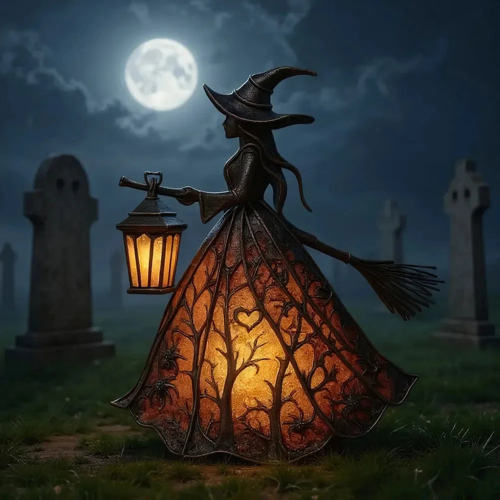 A witch figure in a dress with a broom and an illuminated lantern stands in a dark, grassy field under a full moon.