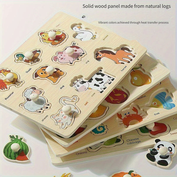 Wooden shape sorting puzzle made from natural logs featuring various animal shapes for early learning