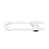 A white adjustable U-shaped child safety cabinet lock with a handle.