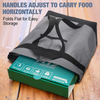 A black insulated cooler bag is shown folded flat next to a green box on a wooden surface.