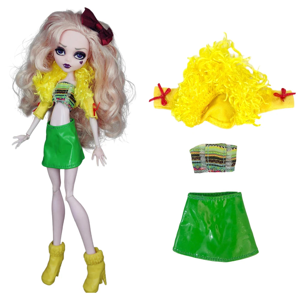 A fashion doll outfit featuring a pink-haired doll with a yellow fluffy top, green skirt, and yellow boots.