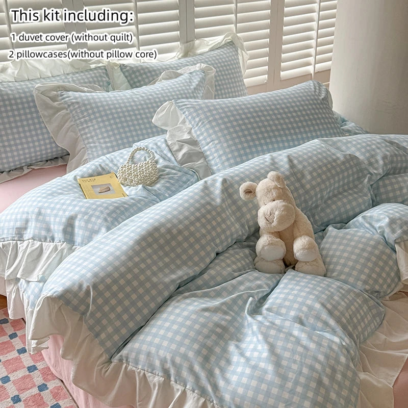 Pink Checkered Lace Duvet Cover Set (3 Pieces)