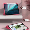 A pink slim tri-fold stand case for an iPad is shown with a pencil holder, demonstrating viewing and typing angles.
