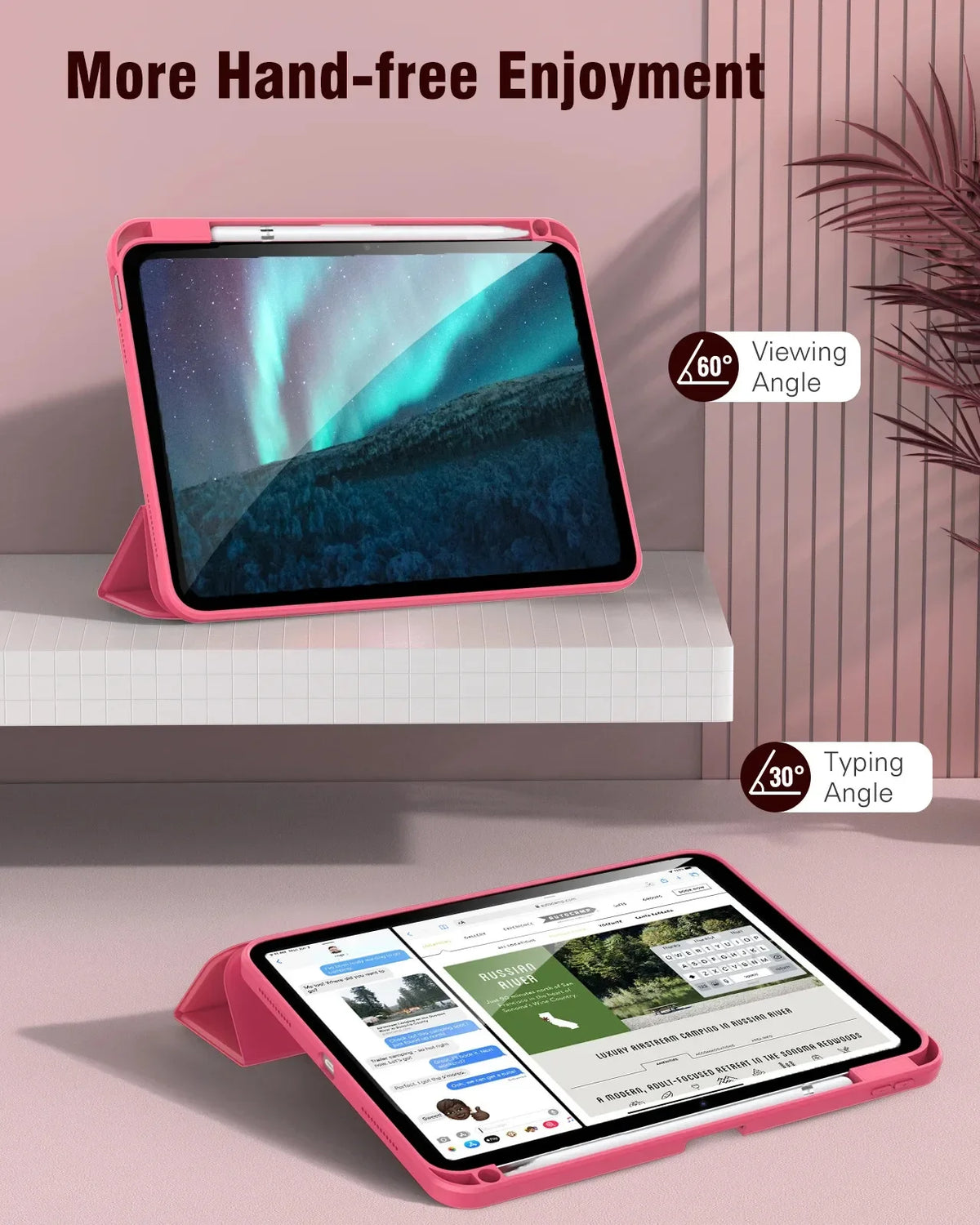 A pink slim tri-fold stand case for an iPad is shown with a pencil holder, demonstrating viewing and typing angles.