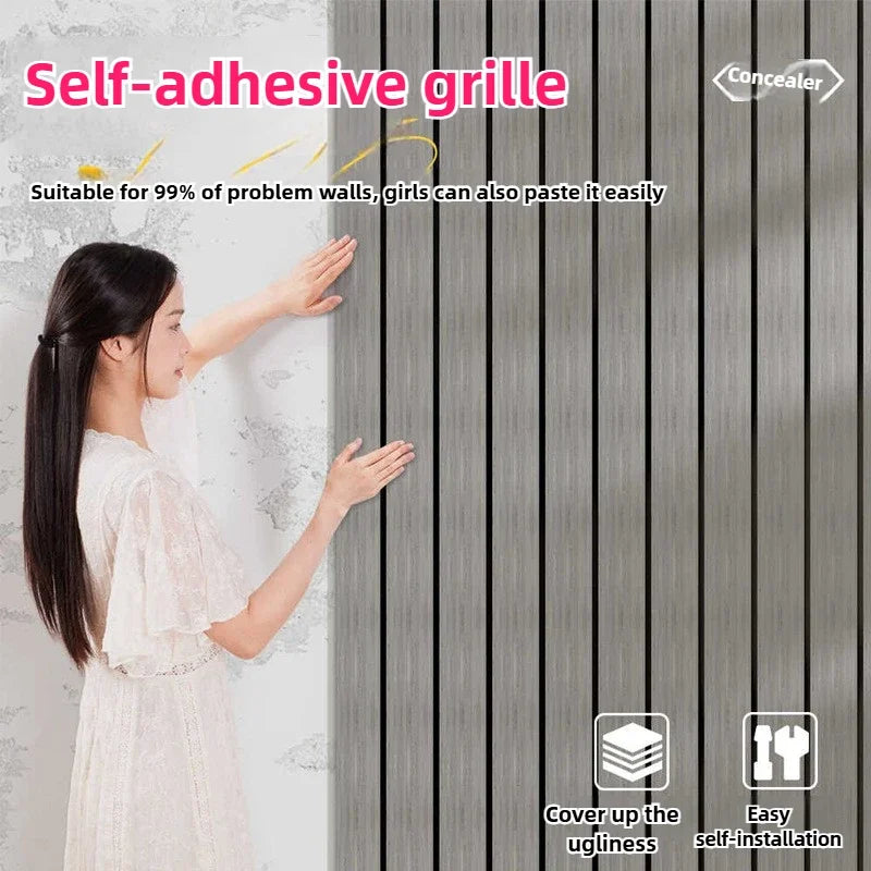 Self-adhesive grille peel-and-stick wallpaper shown on a wall, demonstrating its use for covering ugly surfaces.