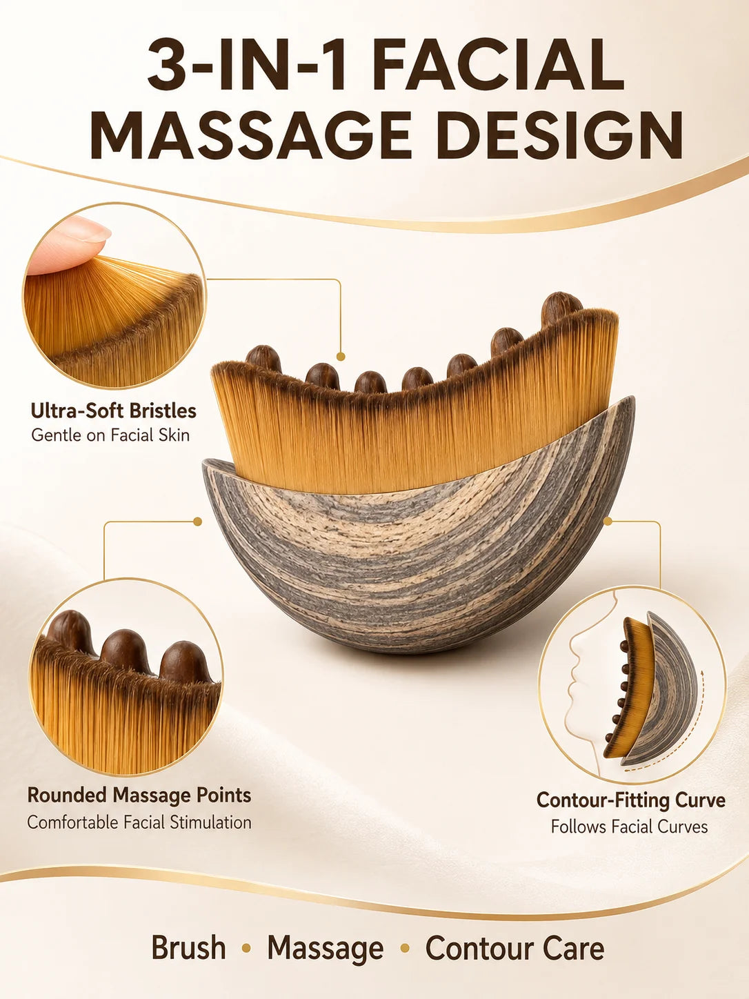 A 3-in-1 facial massage design featuring ultra-soft bristles, rounded massage points, and a contour-fitting curve for facial 