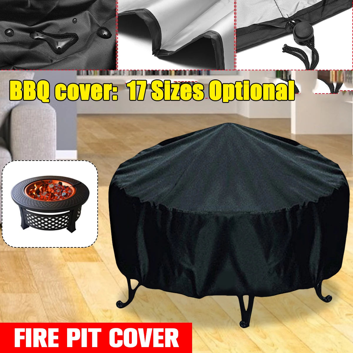 Black all-weather waterproof fire pit cover with a stand, shown in an outdoor setting.