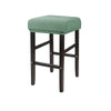 A bar stool featuring a green upholstered seat and dark wood legs.