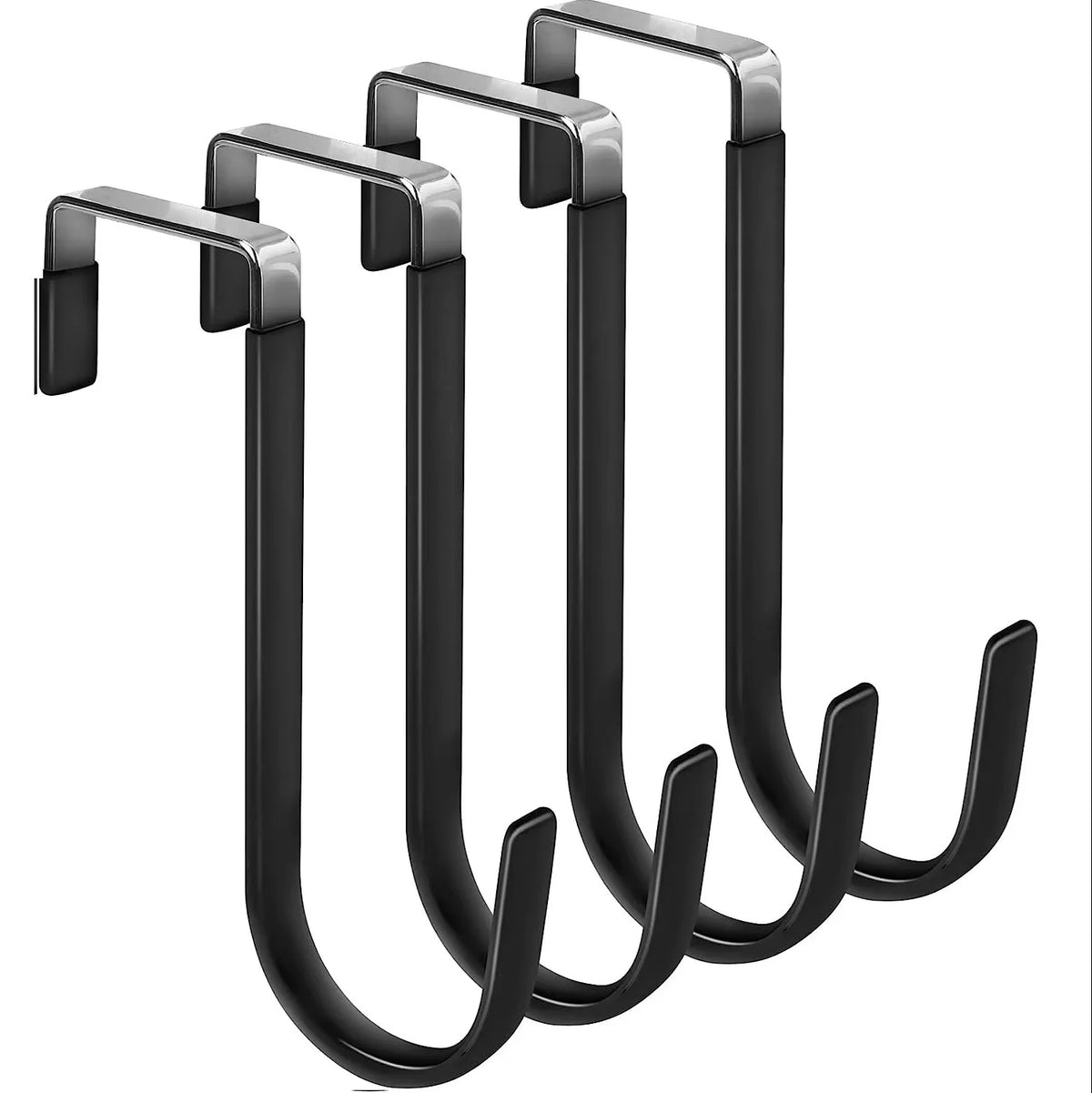 A set of four black over-the-door hooks with a soft rubber coating.