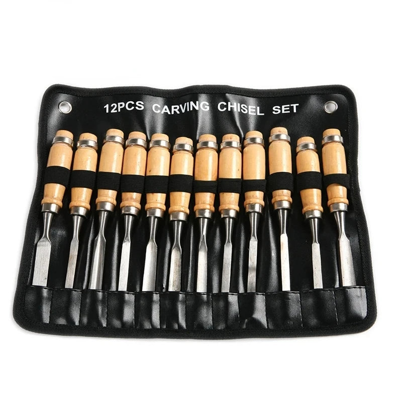 12-Piece Wood Carving Chisel Set with High Carbon Steel Blades