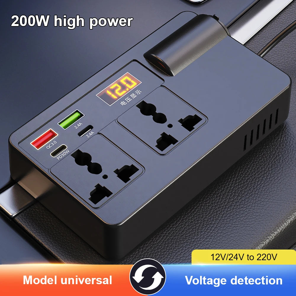 A dark gray 200W high power car power inverter with a digital display and multiple charging ports is shown on a black surface