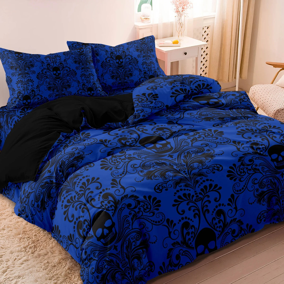 Gothic Skull Print Duvet Cover Set with Pillowcases - Soft Polyester Bedding for Adults
