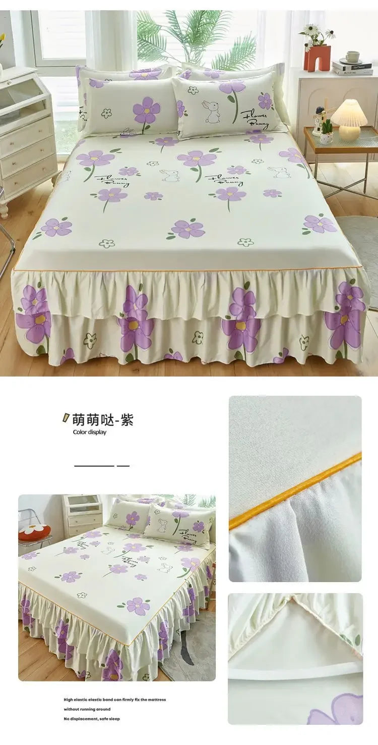 Floral Bed Skirt Set with Anti-Slip Mattress Cover