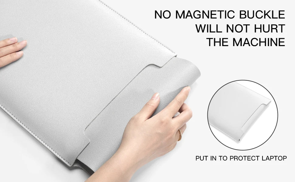 A hand is placing a gray PU leather laptop sleeve into a laptop to protect it from the machine.