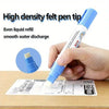 A hand holds a blue felt pen tip product demonstrating liquid refill and smooth water discharge on thermal paper.