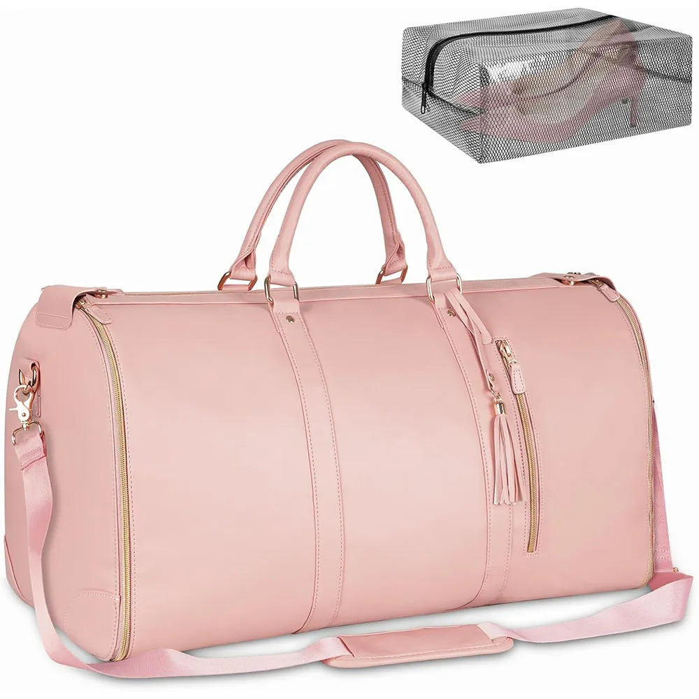 A pink foldable travel garment duffel bag with a mesh shoe pouch is shown.