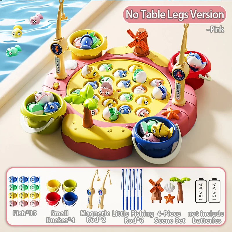 A pink magnetic fishing game set featuring a yellow boat, various fish, and rods for kids.