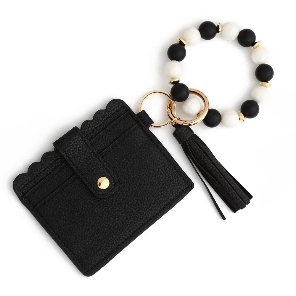 Silicone Bead Bracelet with Leather Card Holder and Tassel