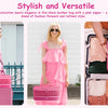 A pink leather bag with a pink zipper is shown next to a woman wearing a matching pink dress.