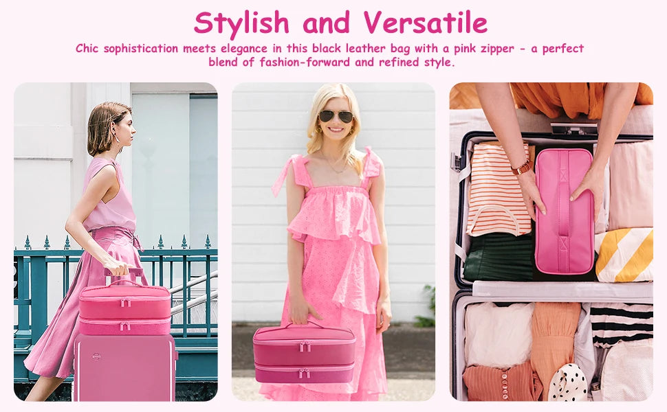 A pink leather bag with a pink zipper is shown next to a woman wearing a matching pink dress.
