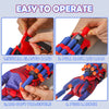 Demonstration of a Spider Web Shooter glove with various colored elastic bands and foam projectiles being loaded and launched