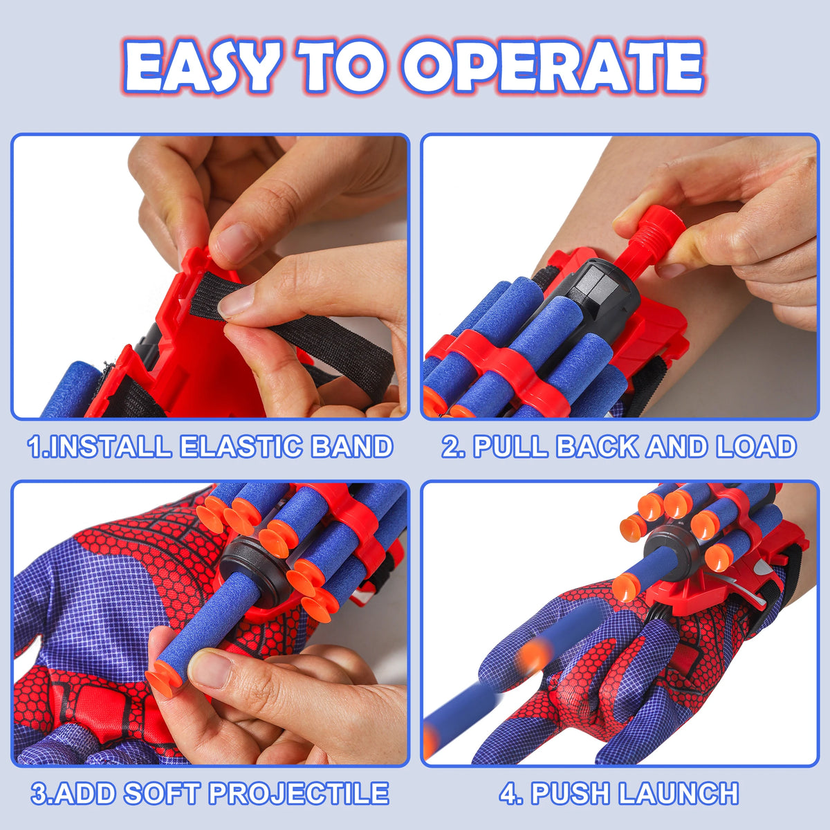 Demonstration of a Spider Web Shooter glove with various colored elastic bands and foam projectiles being loaded and launched