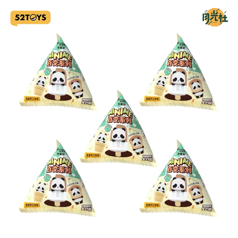 A set of five blind box panda figures in various orientations and packaging.
