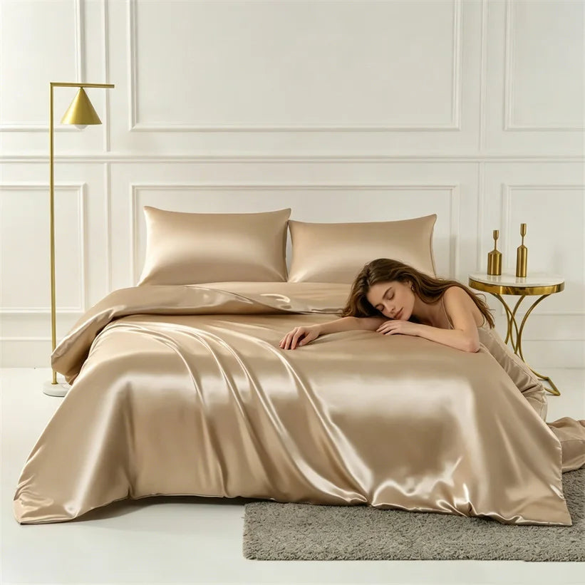 A luxurious champagne silk duvet cover set displayed on a bed with a gold floor lamp.