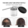 A long tube spray bottle with a fine nozzle and black cap is shown next to before and after images of hair fiber powder appli