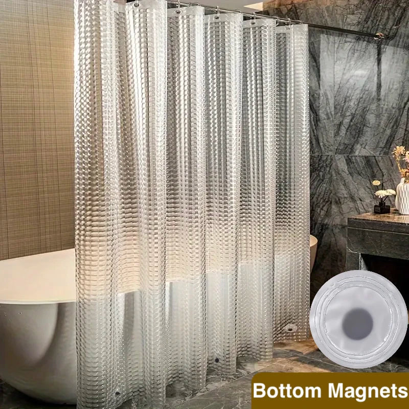Clear acrylic shower curtain liner with magnetic bottom for a bathroom