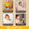 Four panels showing various uses of an animal-themed baby rattle toy including making a melodious sound, pacifying emotion, b