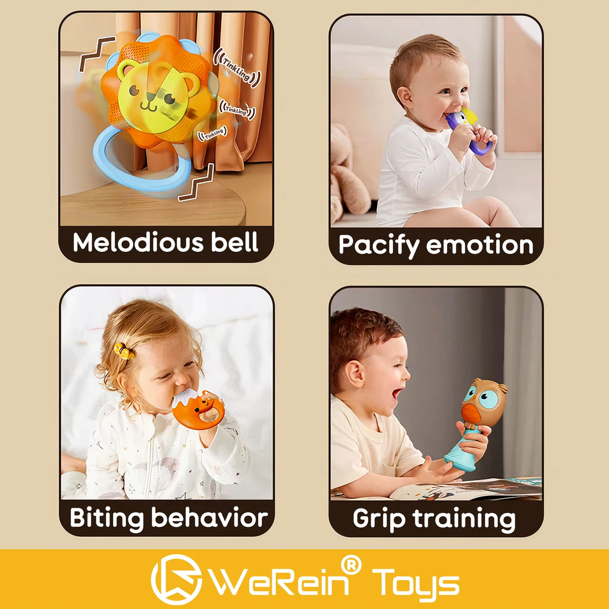 Four panels showing various uses of an animal-themed baby rattle toy including making a melodious sound, pacifying emotion, b