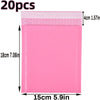 A pink self-seal padded bubble mailer with dimensions of 15cm by 18cm.