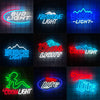 A grid of eight neon signs featuring various designs and text like BUD LIGHT, KEYSTONE LIGHT, BUSCH LIGHT, and COOK'S LIGHT.