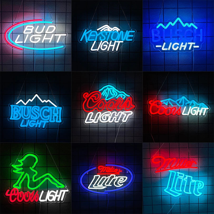 A grid of eight neon signs featuring various designs and text like BUD LIGHT, KEYSTONE LIGHT, BUSCH LIGHT, and COOK'S LIGHT.
