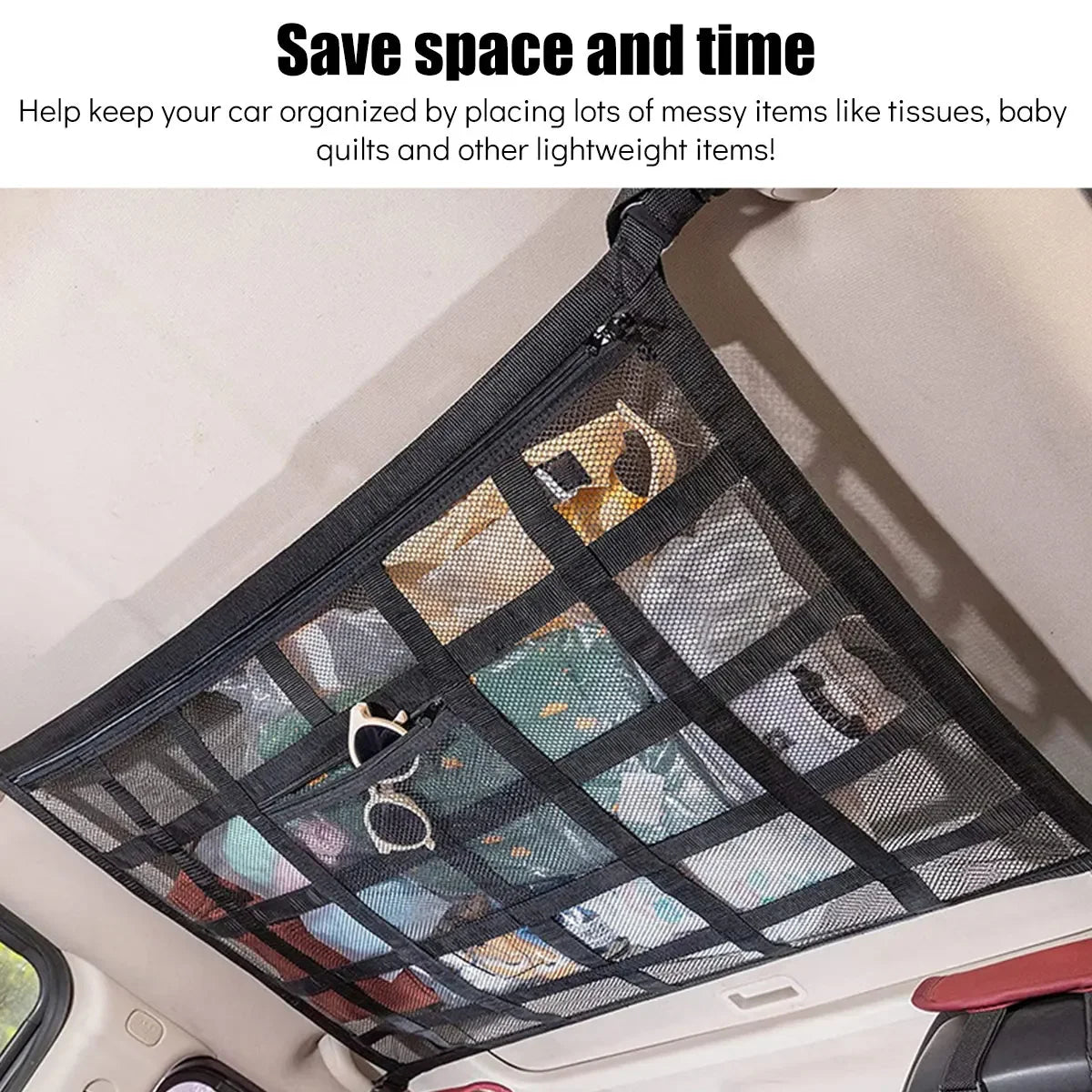 A black mesh car ceiling cargo net used as an overhead storage organizer for keeping messy items organized.
