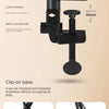 Black adjustable clamp stand with a long handle and clip-on base for stable recording