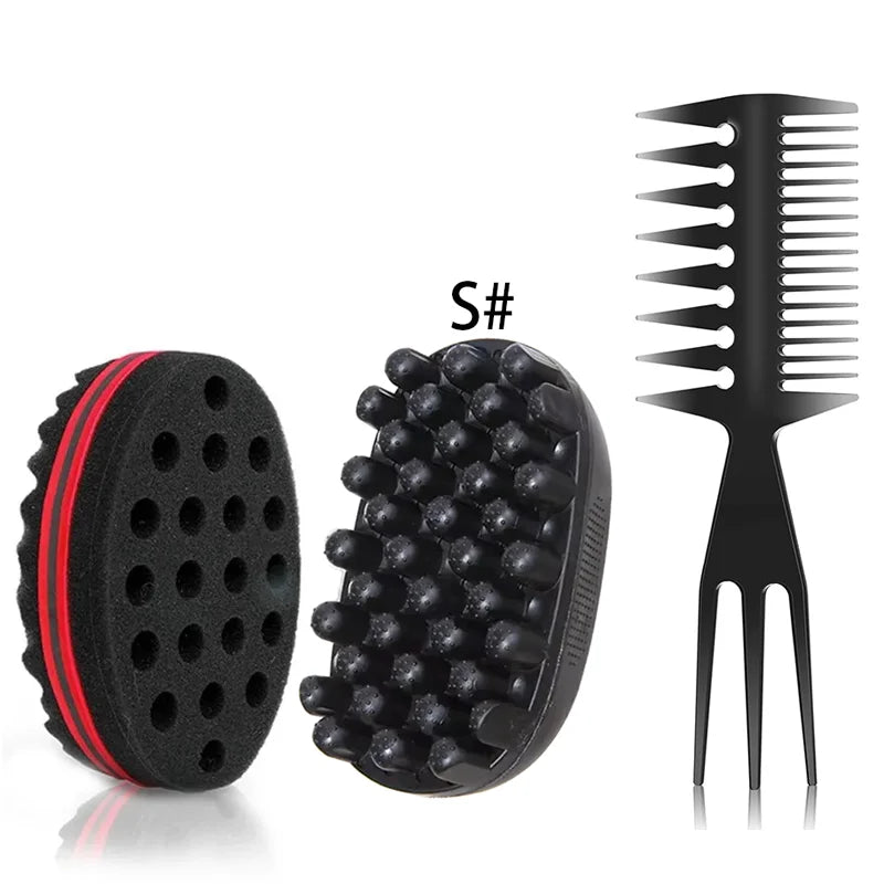 A black Afro Twist hair brush and sponge comb kit showing a round brush, a barrel brush, and a fork comb.
