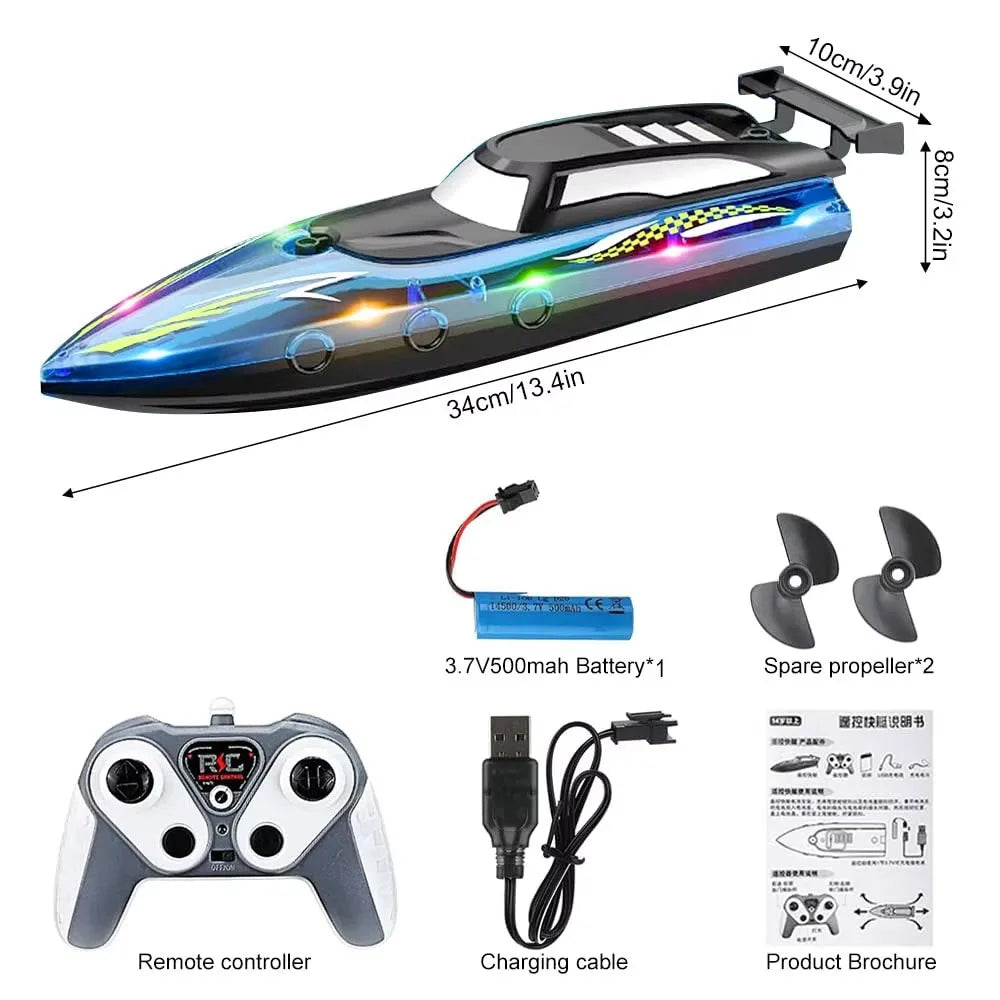 A sleek black and blue high-speed RC speedboat with LED lights, along with its remote controller and charging cable.