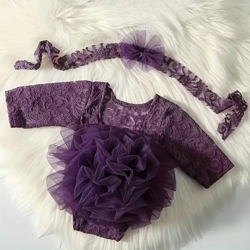 Newborn Knitted Lace Bodysuit Set with Puff Sleeves and Headband