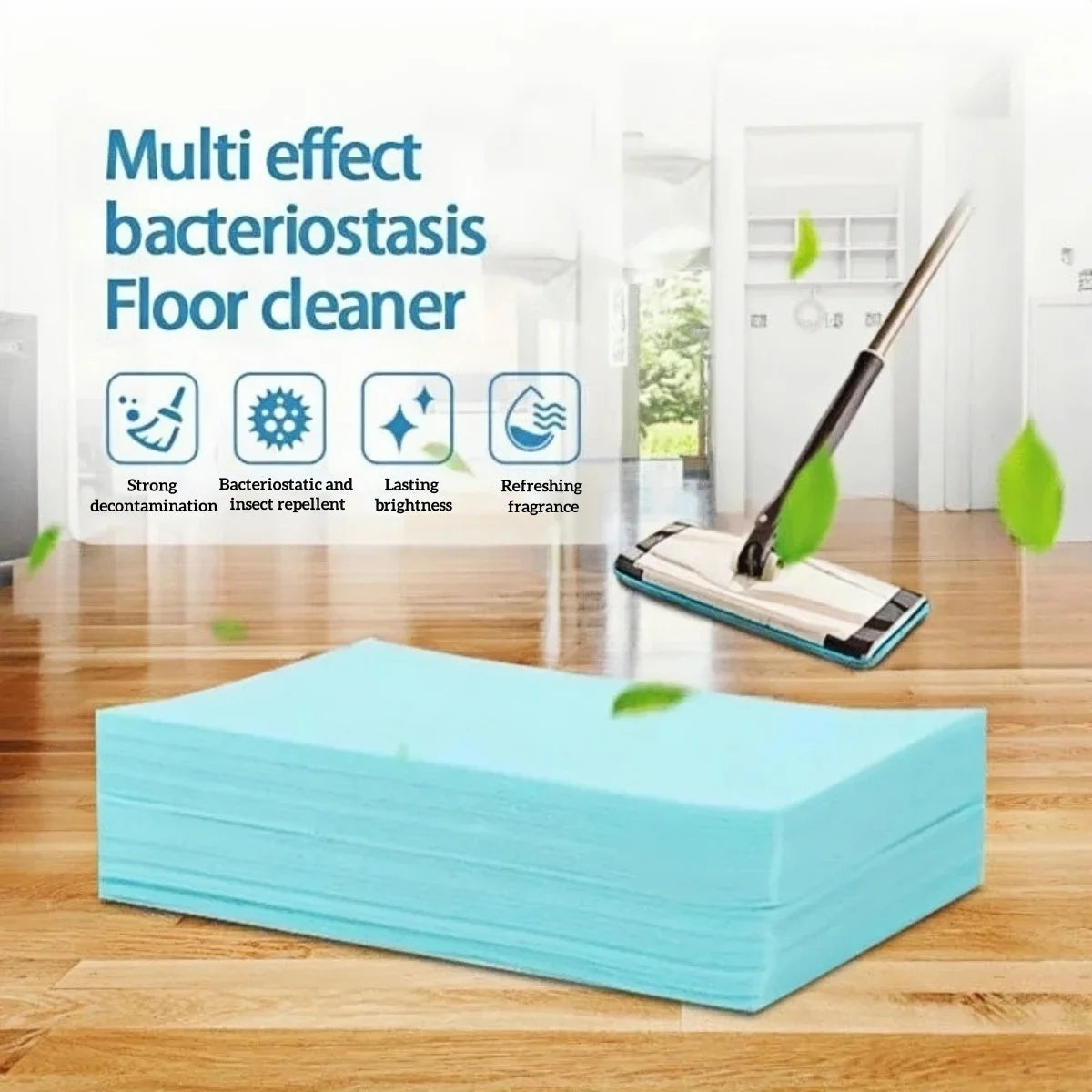 A box of blue floor cleaning tablets next to a promotional image for a multi-effect bacteristosis floor cleaner.